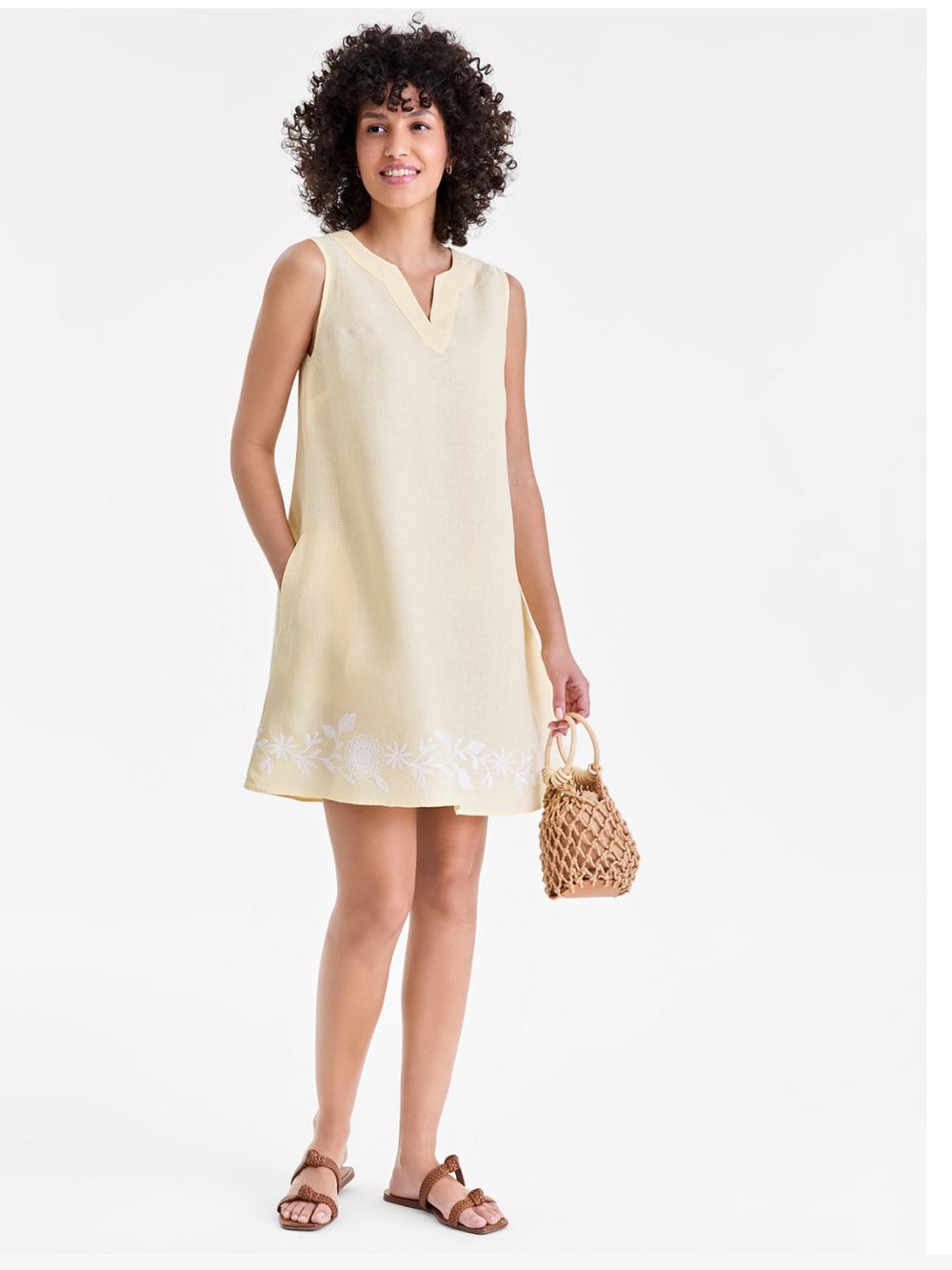 Sleeveless Yellow Linen Dress with White Embroidered Hem